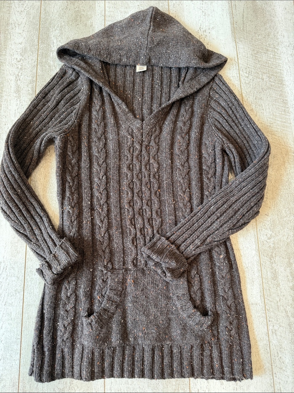 Ruff Hewn Brown Cable Knit V-Neck Hooded Sweater Medium
